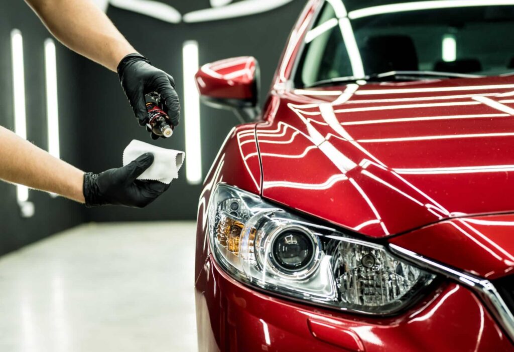 A person wearing black gloves is polishing the hood of a shiny red car in a garage. The focus is on the car's front left headlight and the detailing process. Bright vertical lights are reflected on the car's surface.