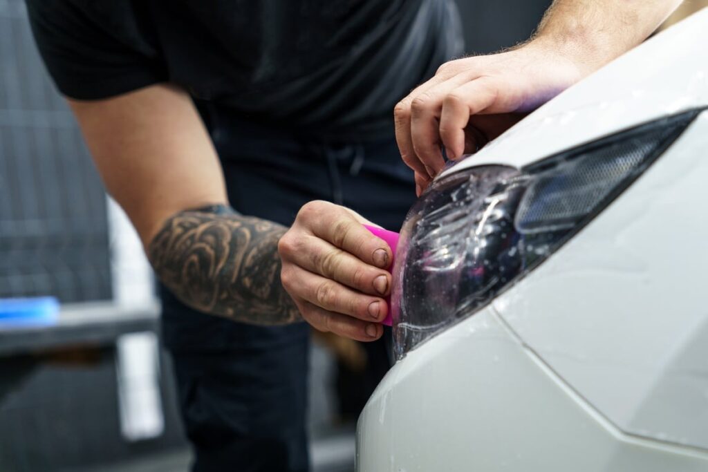 Person applying protective film to a car's headlight, using a pink tool. The person has a tattoo on their arm. The car is white, and the background is blurred.